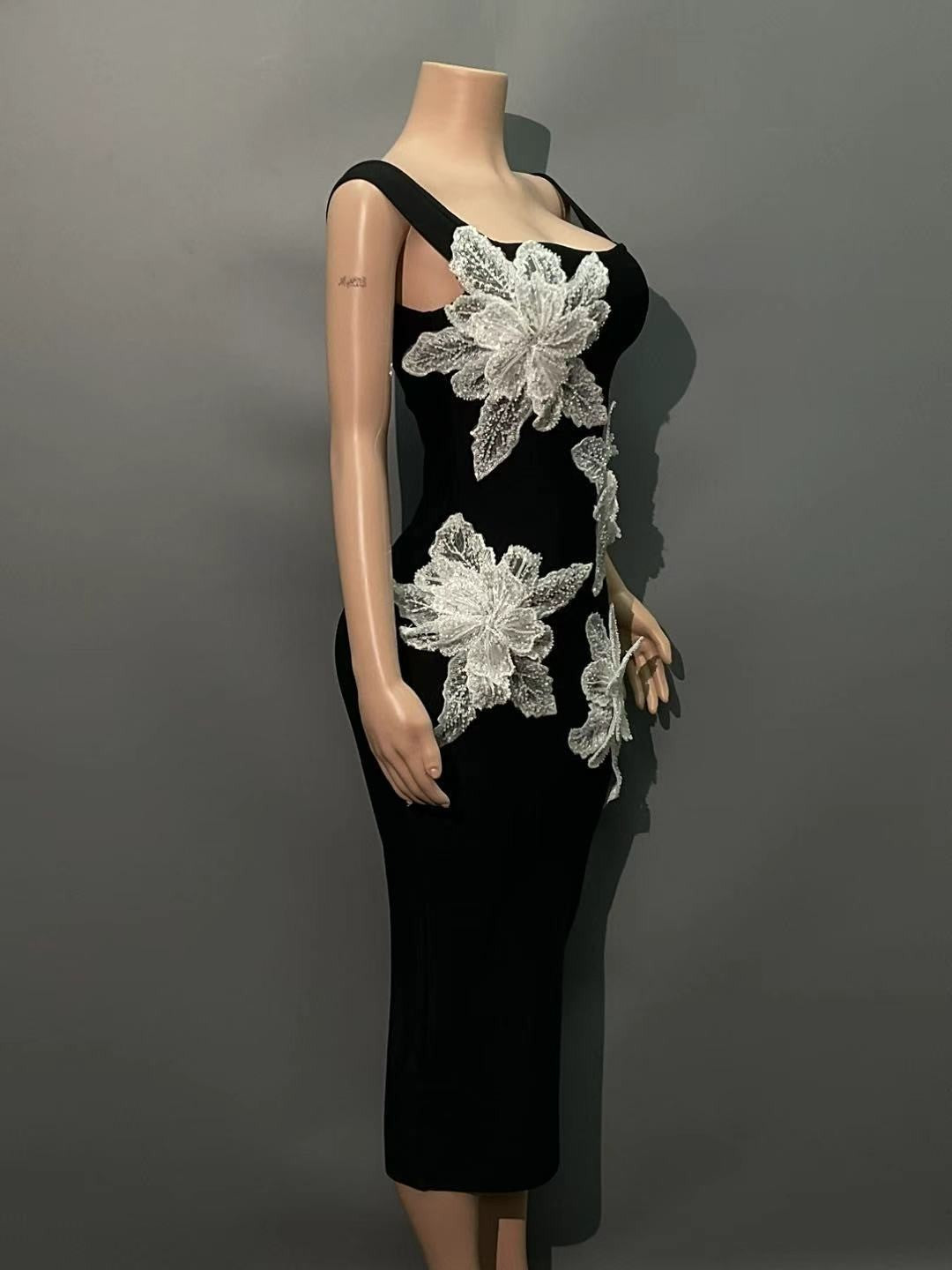 Gaun Malam Midi Beludru Bahu Terbuka | Gaun Pesta Koktail Bodycon Wanita dengan Manik-manik Bunga Renda 3D S‑L
