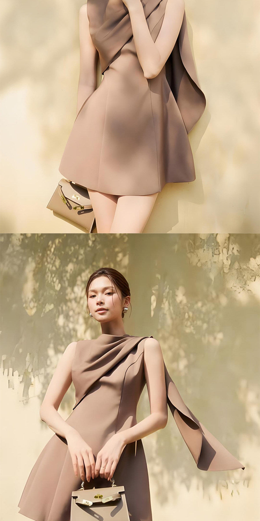 Women's Camel Asymmetric Draped Sleeveless Mini Dress