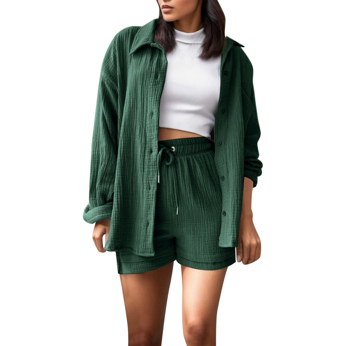Set 2-Potong Katun Linen Kerut | Pakaian Kasual Wanita Kemeja Lengan Panjang Kancing Depan & Celana Pendek Serut High Waist S-XXL