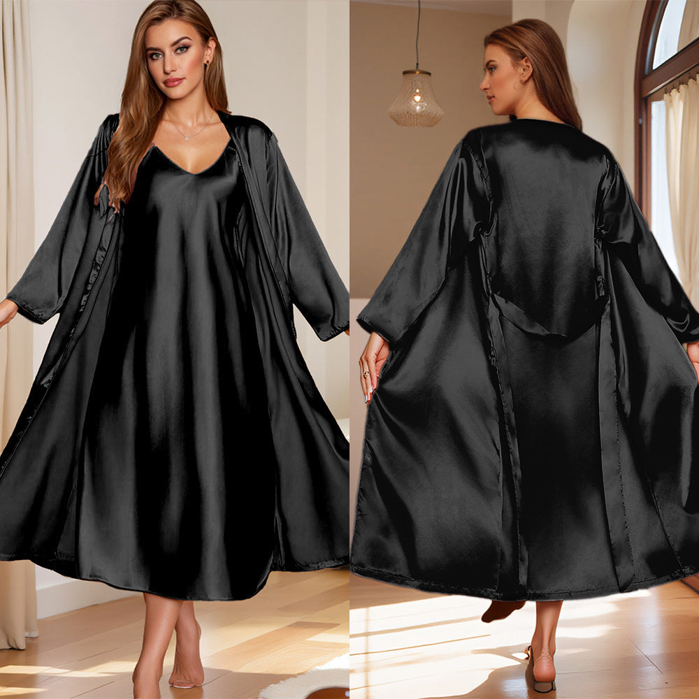 Set Piyama Satin Wanita Baju Tidur Kamisol Kerah V + Jubah Lengan Panjang Pakaian Santai Halus