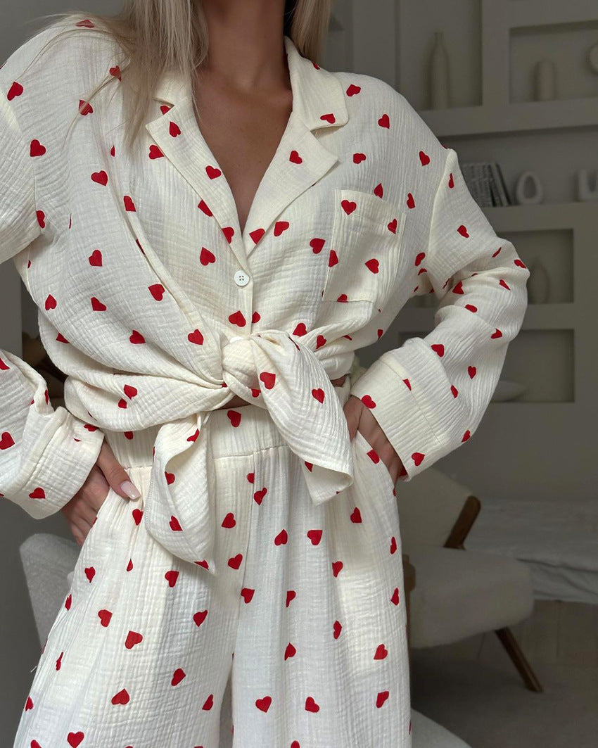 Set Piyama Katun Kerut Motif Hati | Setelan Loungewear 2 Potong Wanita Atasan Kancing Lengan Panjang & Celana Panjang S‑XL