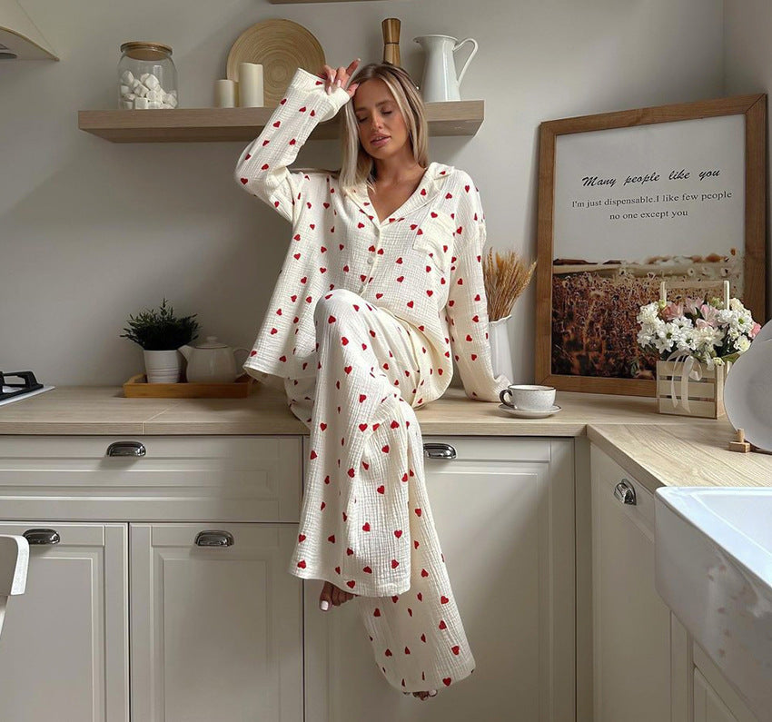 Set Piyama Katun Kerut Motif Hati | Setelan Loungewear 2 Potong Wanita Atasan Kancing Lengan Panjang & Celana Panjang S‑XL