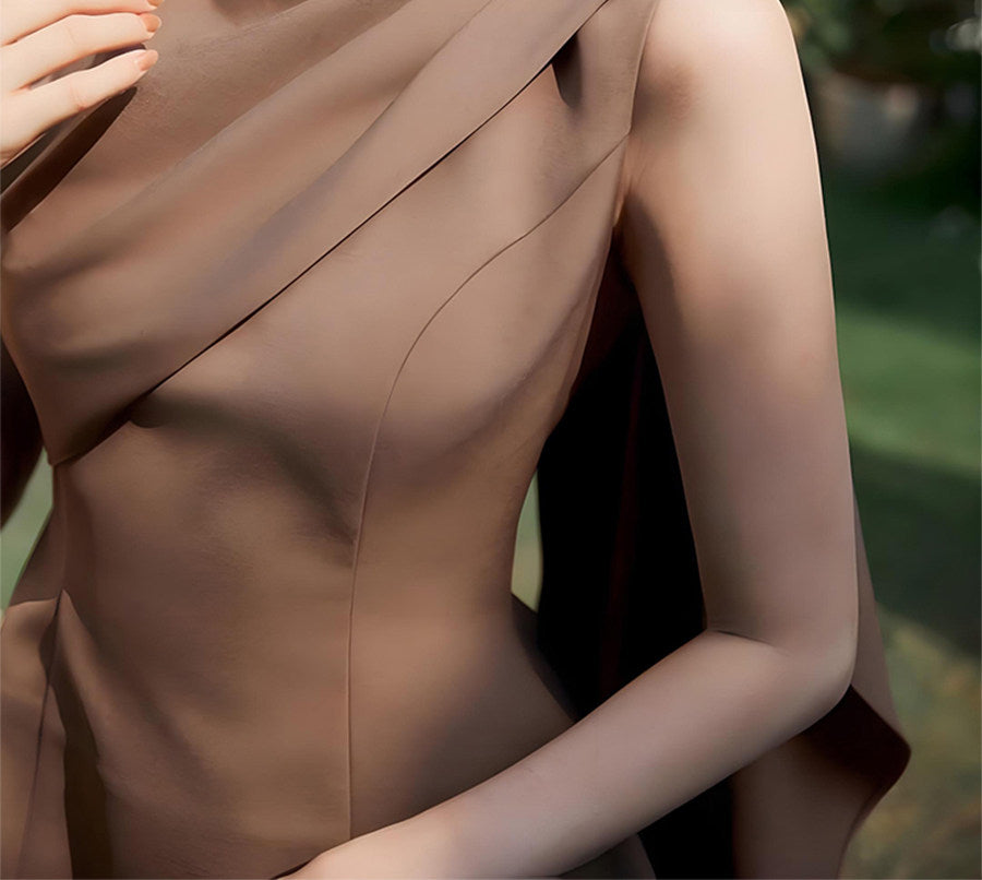 Women's Camel Asymmetric Draped Sleeveless Mini Dress