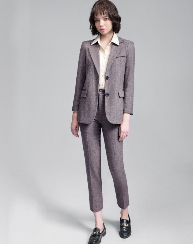 Setelan Jas Bisnis Wanita Bahan Wol Campuran Blazer & Celana Panjang Pakaian Formal Kantor Wawancara untuk Musim Gugur