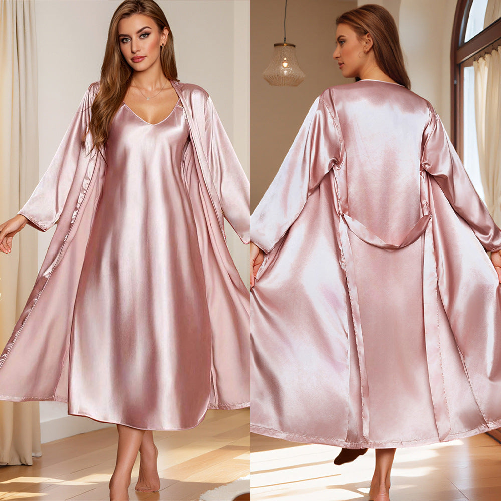 Set Piyama Satin Wanita Baju Tidur Kamisol Kerah V + Jubah Lengan Panjang Pakaian Santai Halus