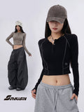 Women's Black Slim-fit Long Sleeve Cropped T-shirt Casual Tee for Date Night Streetwear Everyday Wear Slimming Summer Weekend