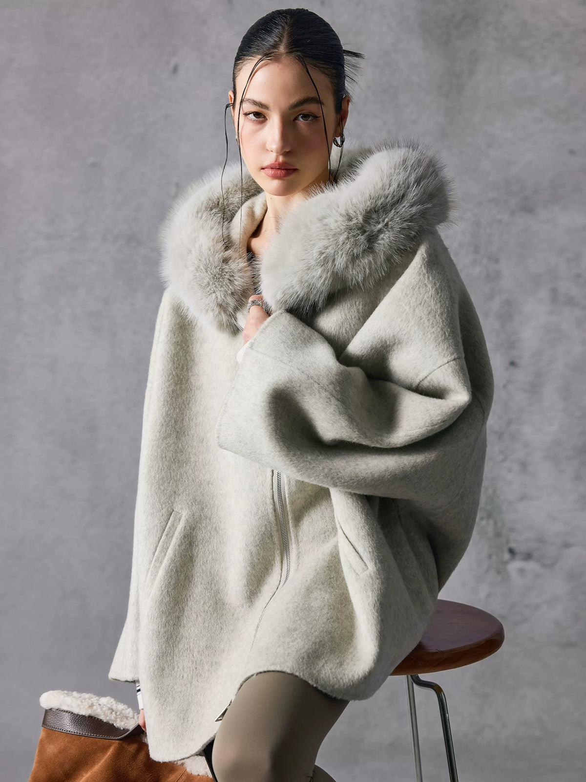 Women's Wool Fur-Collar Hooded Winter Coat for Fall Layering Travel Office Everyday Wear Holiday Date Night