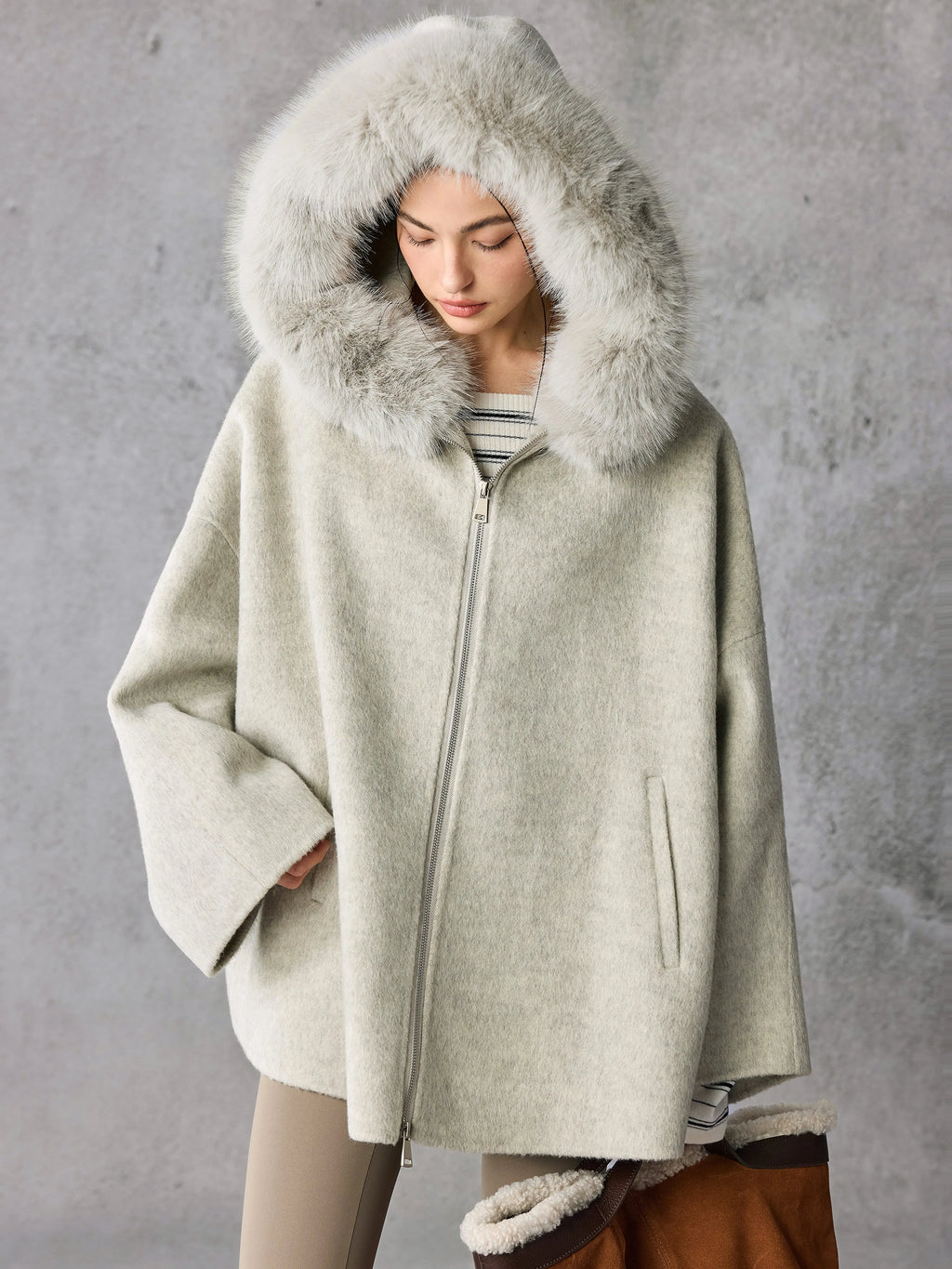 Women's Wool Fur-Collar Hooded Winter Coat for Fall Layering Travel Office Everyday Wear Holiday Date Night