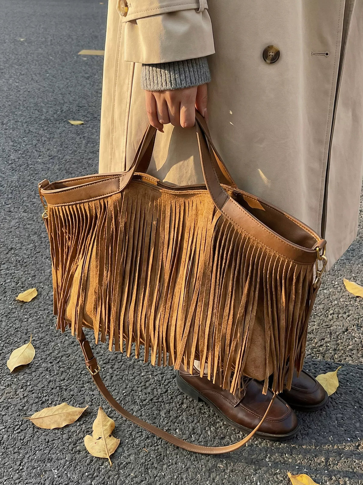 Women's Tassel Spring Summer Suede-look Retro Tote Bag Shoulder Crossbody Purse Work Travel Everyday Purse