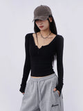 Women's Black Slim-fit Long Sleeve Cropped Top Fashion Blouse Shirt for Office Outfits Business Casual Streetwear Slimming Weekend Everyday