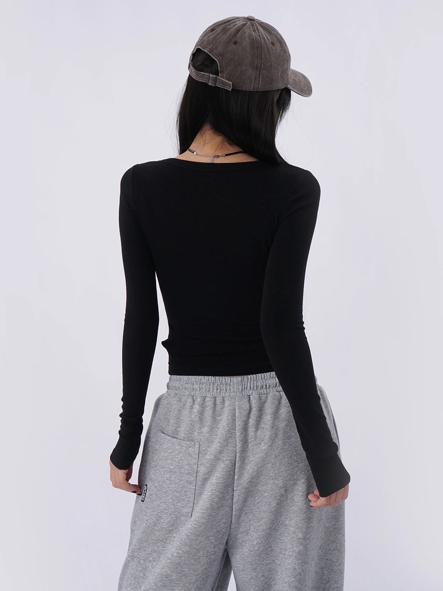 Women's Black Slim-fit Long Sleeve Cropped Top Fashion Blouse Shirt for Office Outfits Business Casual Streetwear Slimming Weekend Everyday