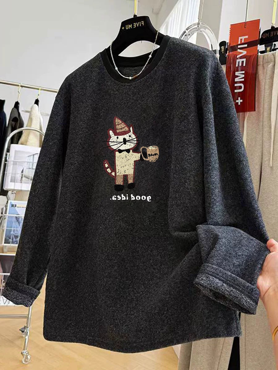 Women's Fall Winter Grey Longline Thickened Fleece-Lined Plus Size Oversized Midi Top Fashion Blouse Shirt for Office Outfits Sleeve Business Casual
