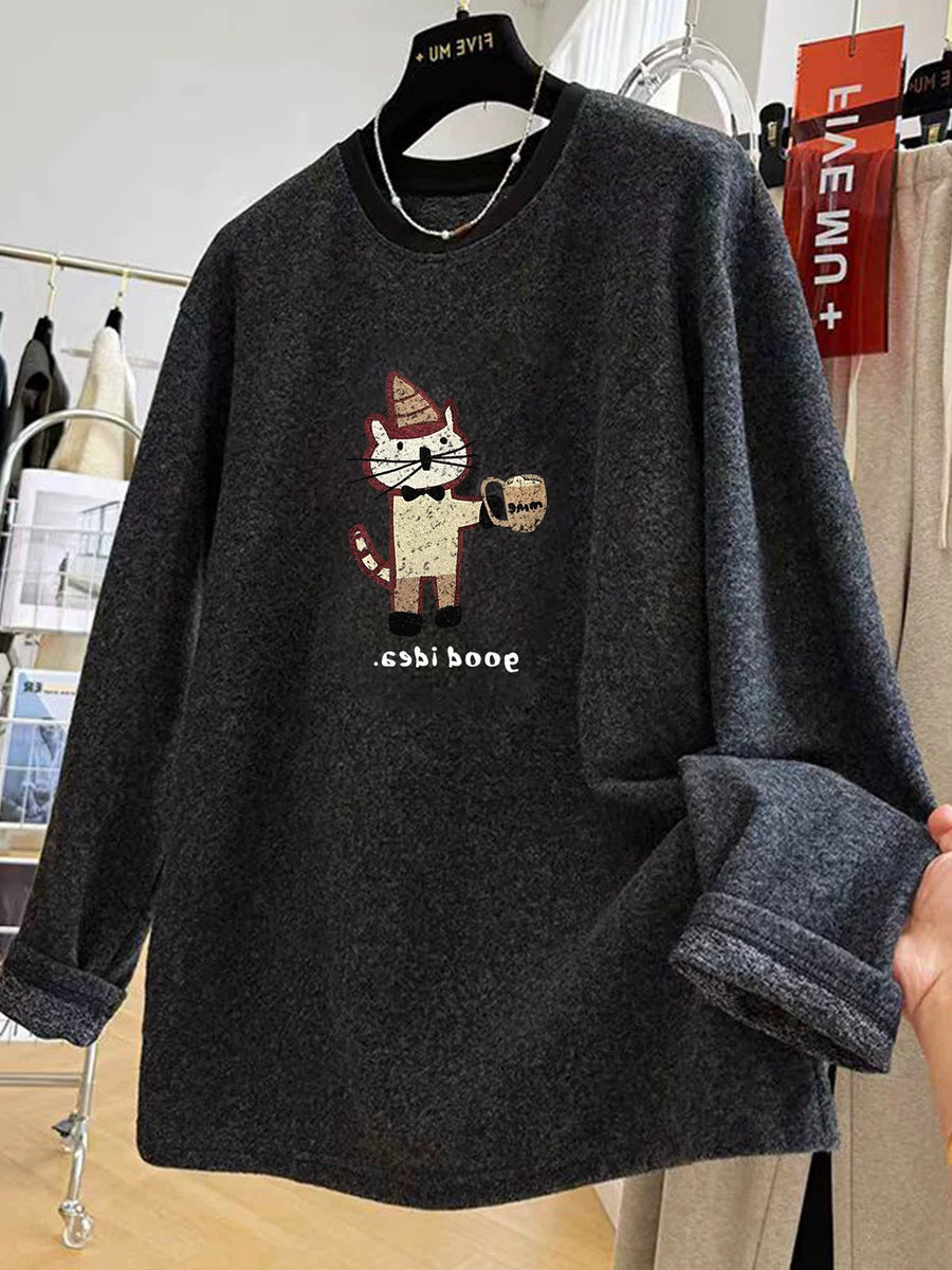 Women's Fall Winter Grey Longline Thickened Fleece-Lined Plus Size Oversized Midi Top Fashion Blouse Shirt for Office Outfits Sleeve Business Casual