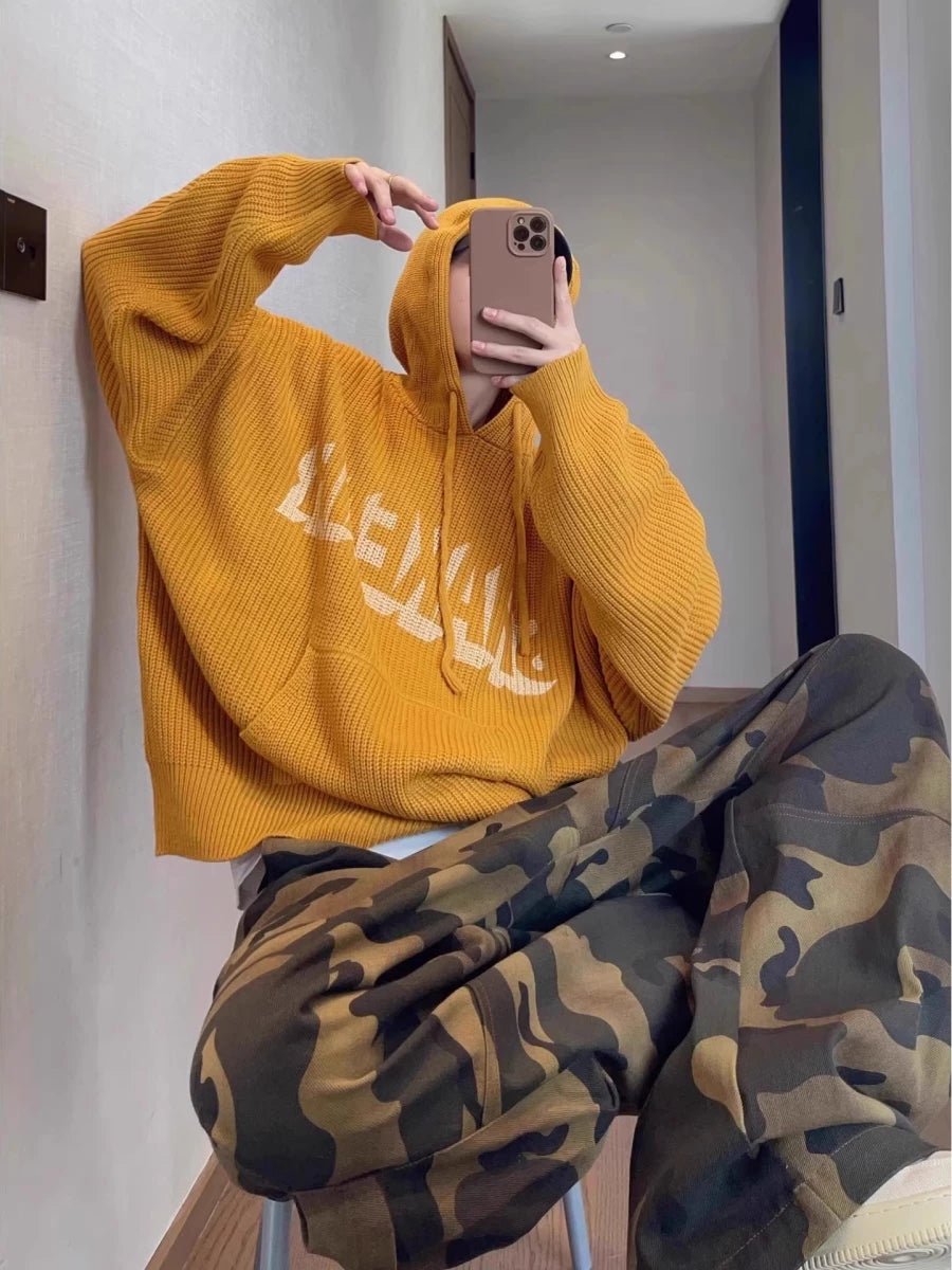 Men's Knit Fall Winter Oversized Brown-Tone Hoodie Sweatshirt for Casual Streetwear Travel and Weekend Everyday Date Night Holiday Party