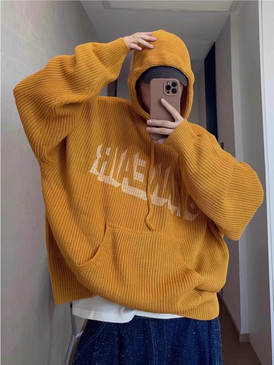 Men's Knit Fall Winter Oversized Brown-Tone Hoodie Sweatshirt for Casual Streetwear Travel and Weekend Everyday Date Night Holiday Party