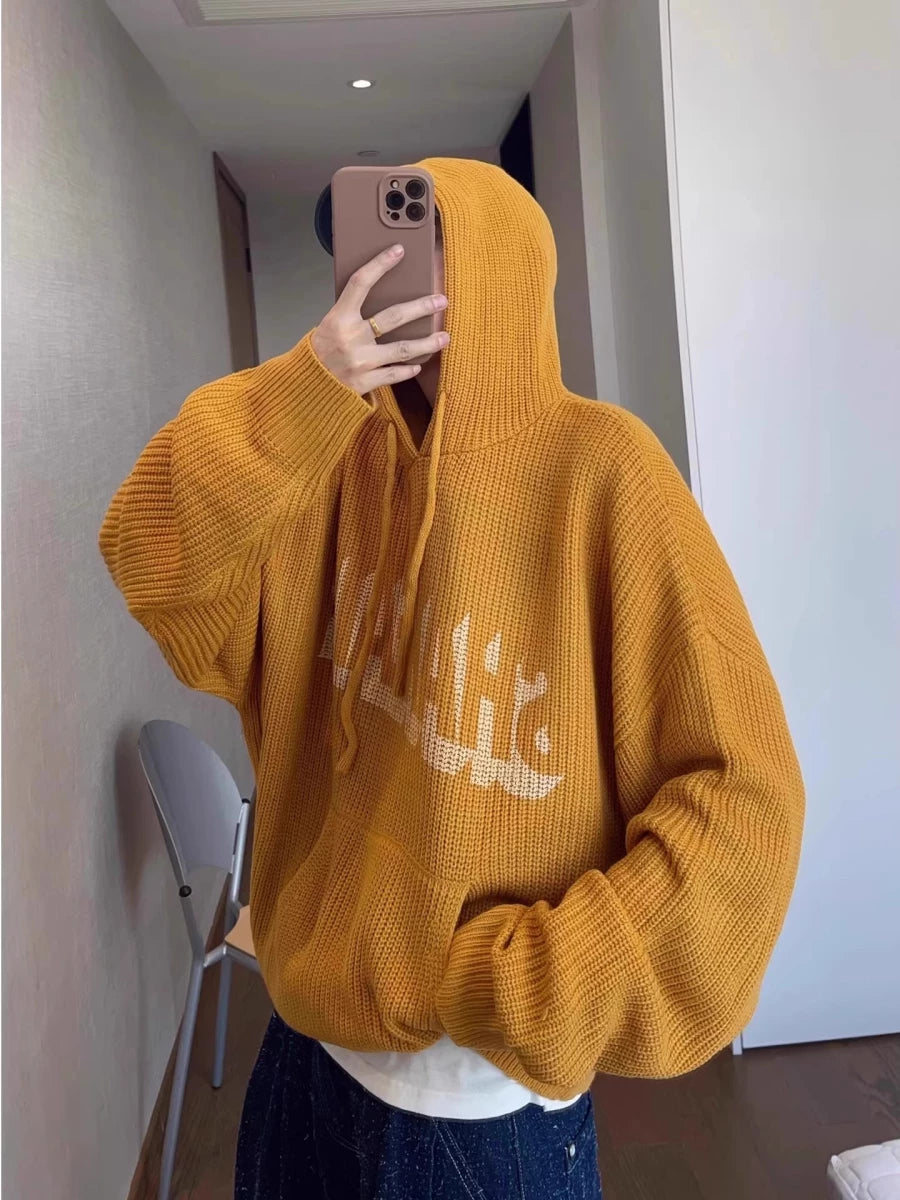 Men's Knit Fall Winter Oversized Brown-Tone Hoodie Sweatshirt for Casual Streetwear Travel and Weekend Everyday Date Night Holiday Party