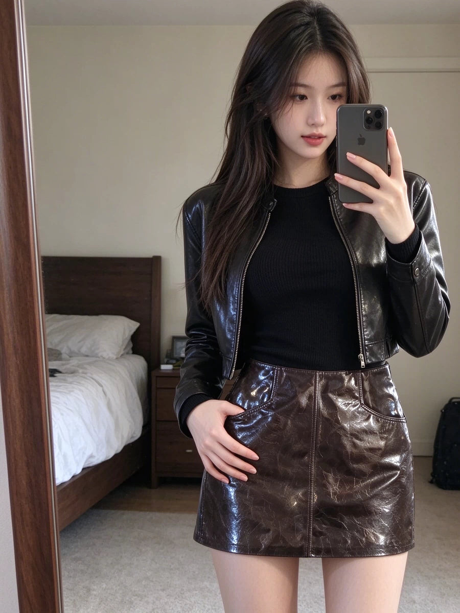 Women's Waxed Leather-Look Bodycon Office A-Line High-Waist Slim-Fit Workwear Clothing Top Weekend Everyday