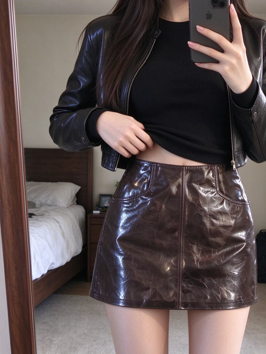Women's Waxed Leather-Look Bodycon Office A-Line High-Waist Slim-Fit Workwear Clothing Top Weekend Everyday