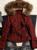 Women's Waist-Defining Winter Slim-Waist Christmas Hooded Waist-Cinching Retro Jacket Casual Coat Fall for Cold Weather Travel Outdoor Holiday Date Night