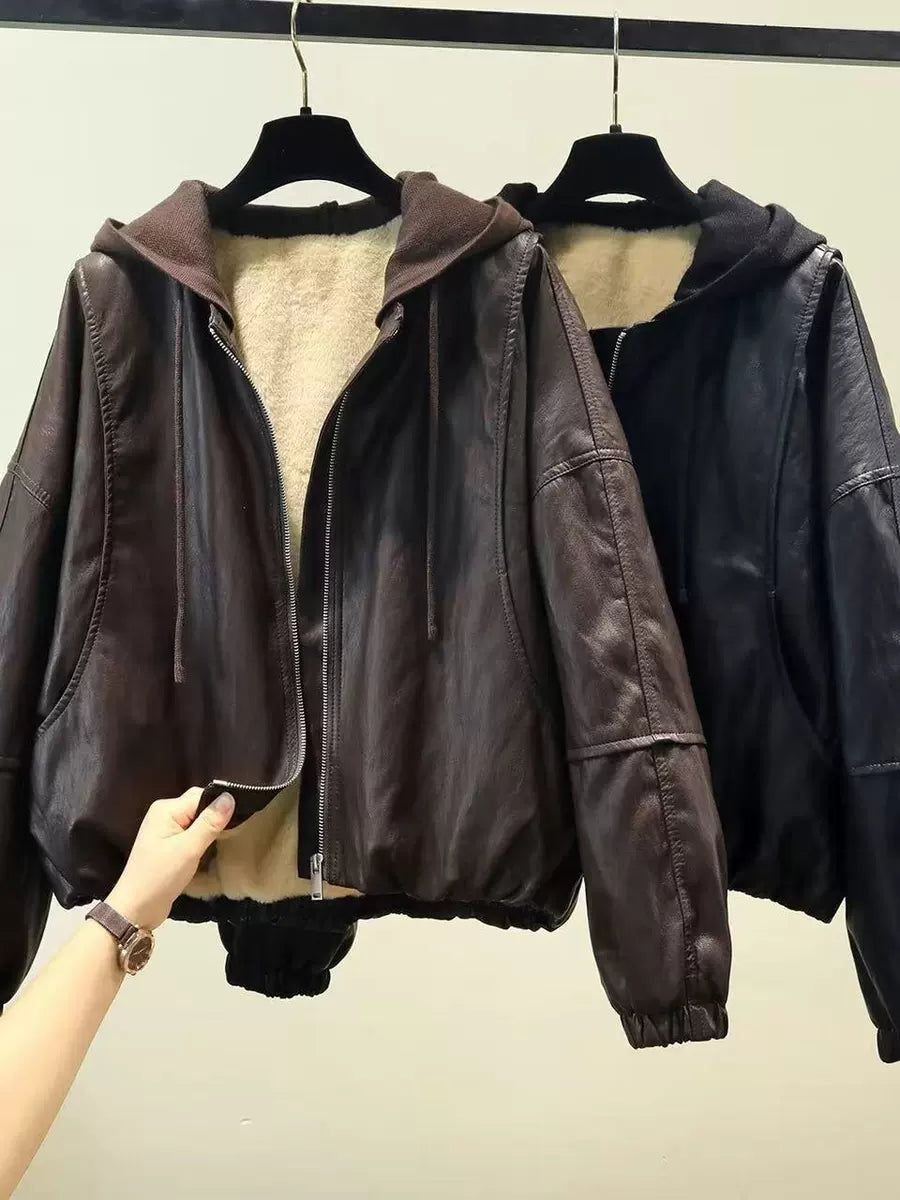 Women's Fall Winter with Hood Thickened Fleece-Lined Oversized Cropped Jacket Casual Coat for Cold Weather Travel Spring Outdoor Holiday