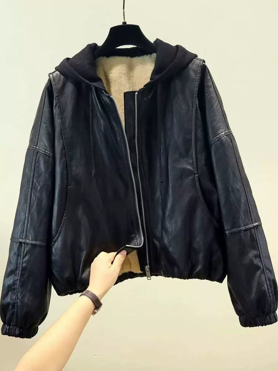 Women's Fall Winter with Hood Thickened Fleece-Lined Oversized Cropped Jacket Casual Coat for Cold Weather Travel Spring Outdoor Holiday