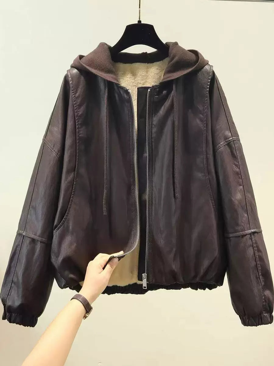 Women's Fall Winter with Hood Thickened Fleece-Lined Oversized Cropped Jacket Casual Coat for Cold Weather Travel Spring Outdoor Holiday