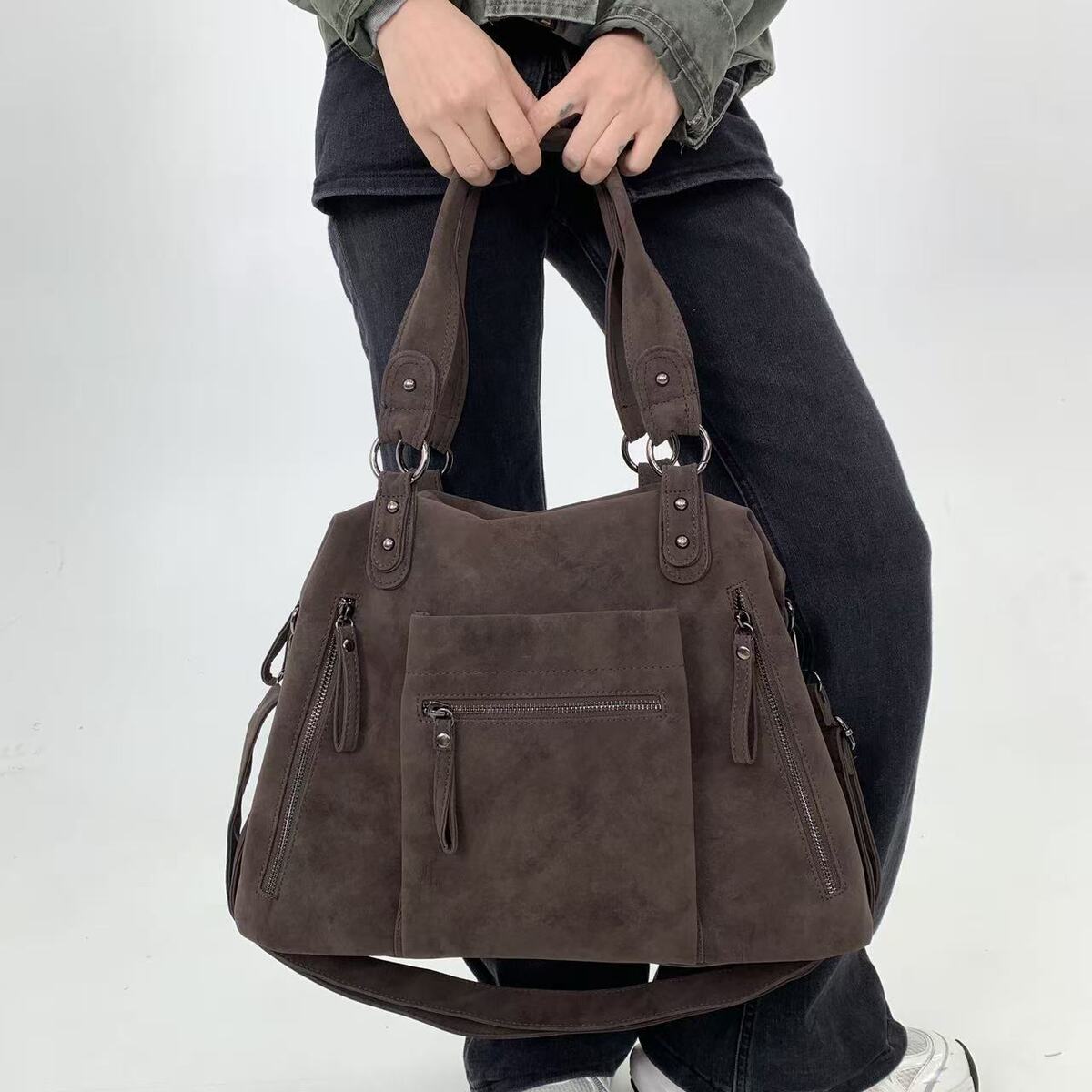 Women's Large-Capacity Y2k Streetwear Frosted Suede Tote Bag Shoulder Crossbody Purse Work and Travel Office