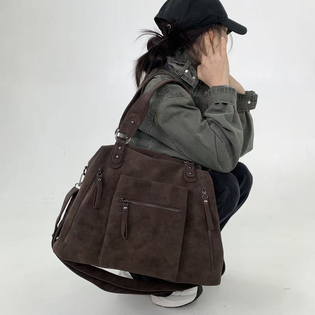 Women's Large-Capacity Y2k Streetwear Frosted Suede Tote Bag Shoulder Crossbody Purse Work and Travel Office