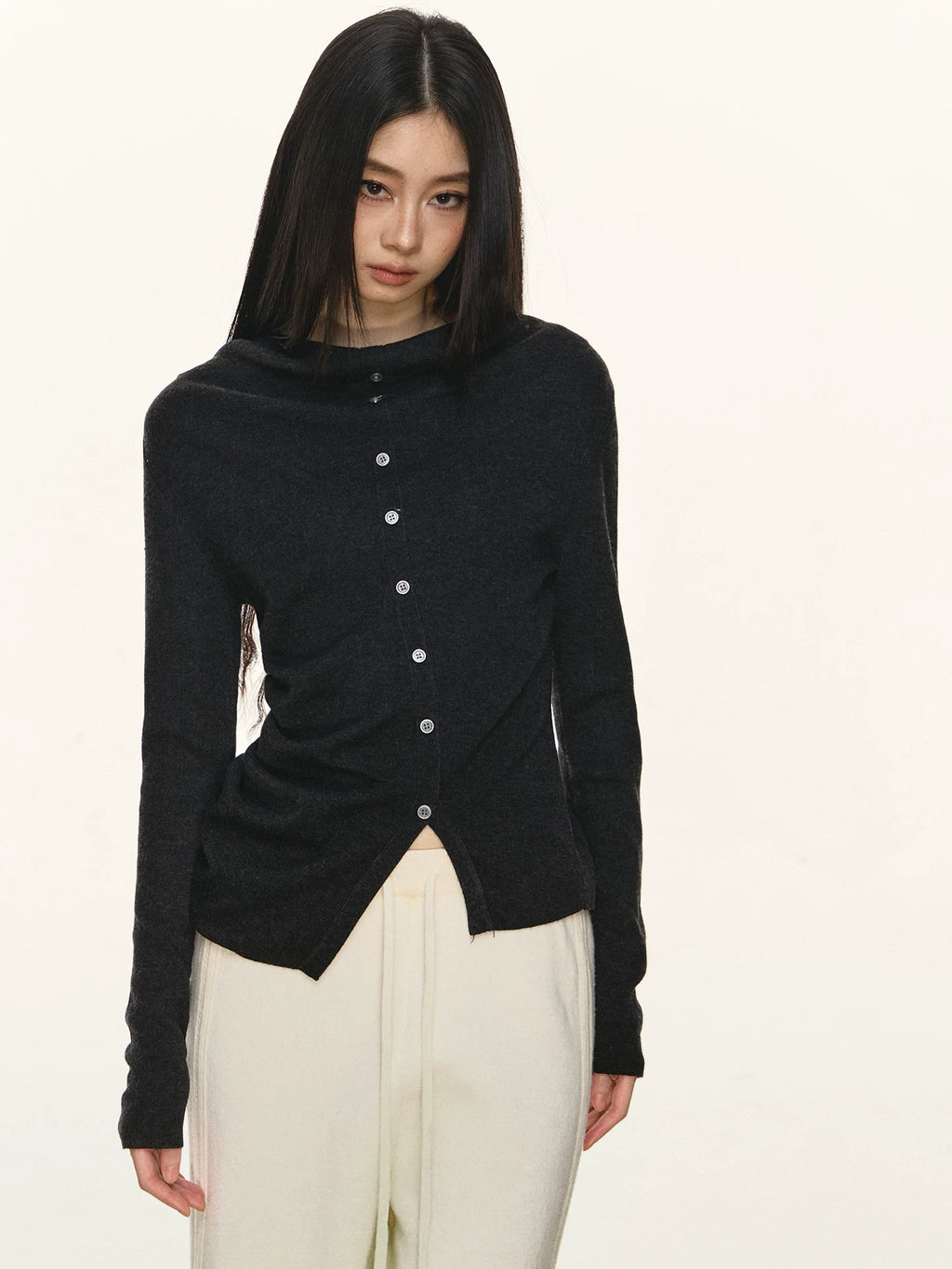 Women's Wool Slim-waist Slim-fit Open-back Long Sleeve Asymmetric Cowl-neck Top Fashion Blouse Shirt for Office Outfits Business Casual Slimming