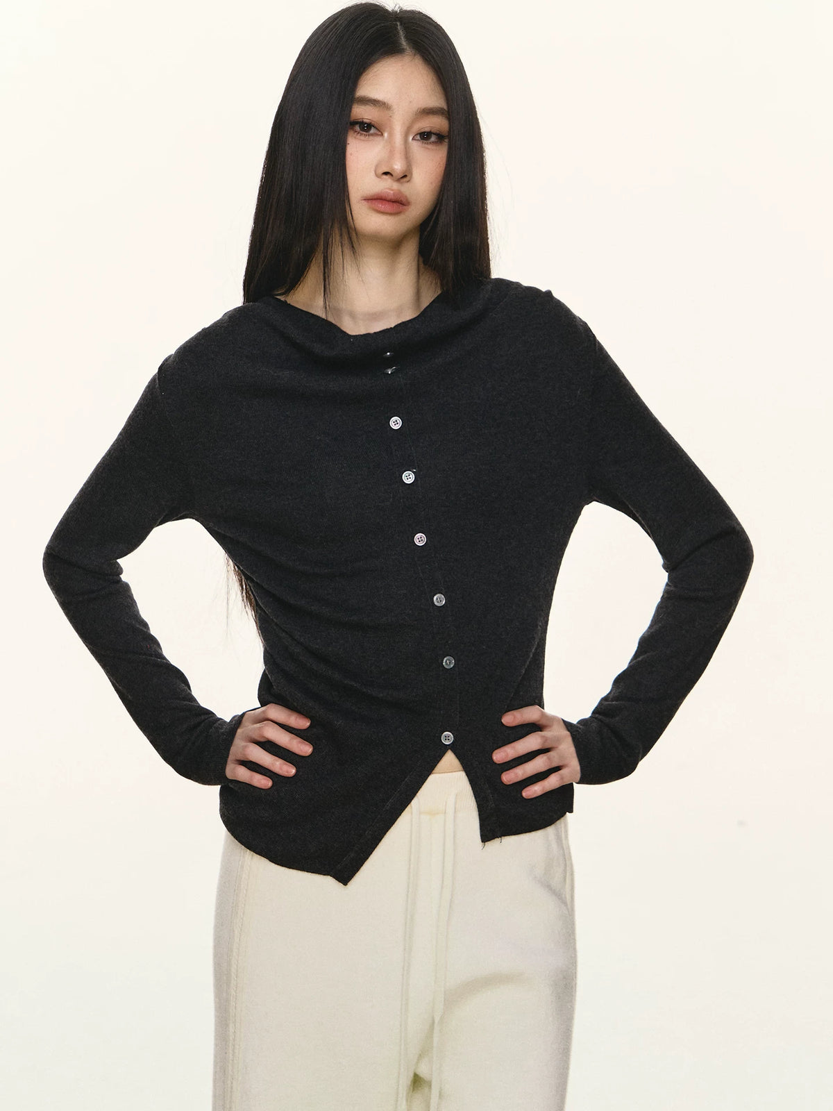 Women's Wool Slim-waist Slim-fit Open-back Long Sleeve Asymmetric Cowl-neck Top Fashion Blouse Shirt for Office Outfits Business Casual Slimming