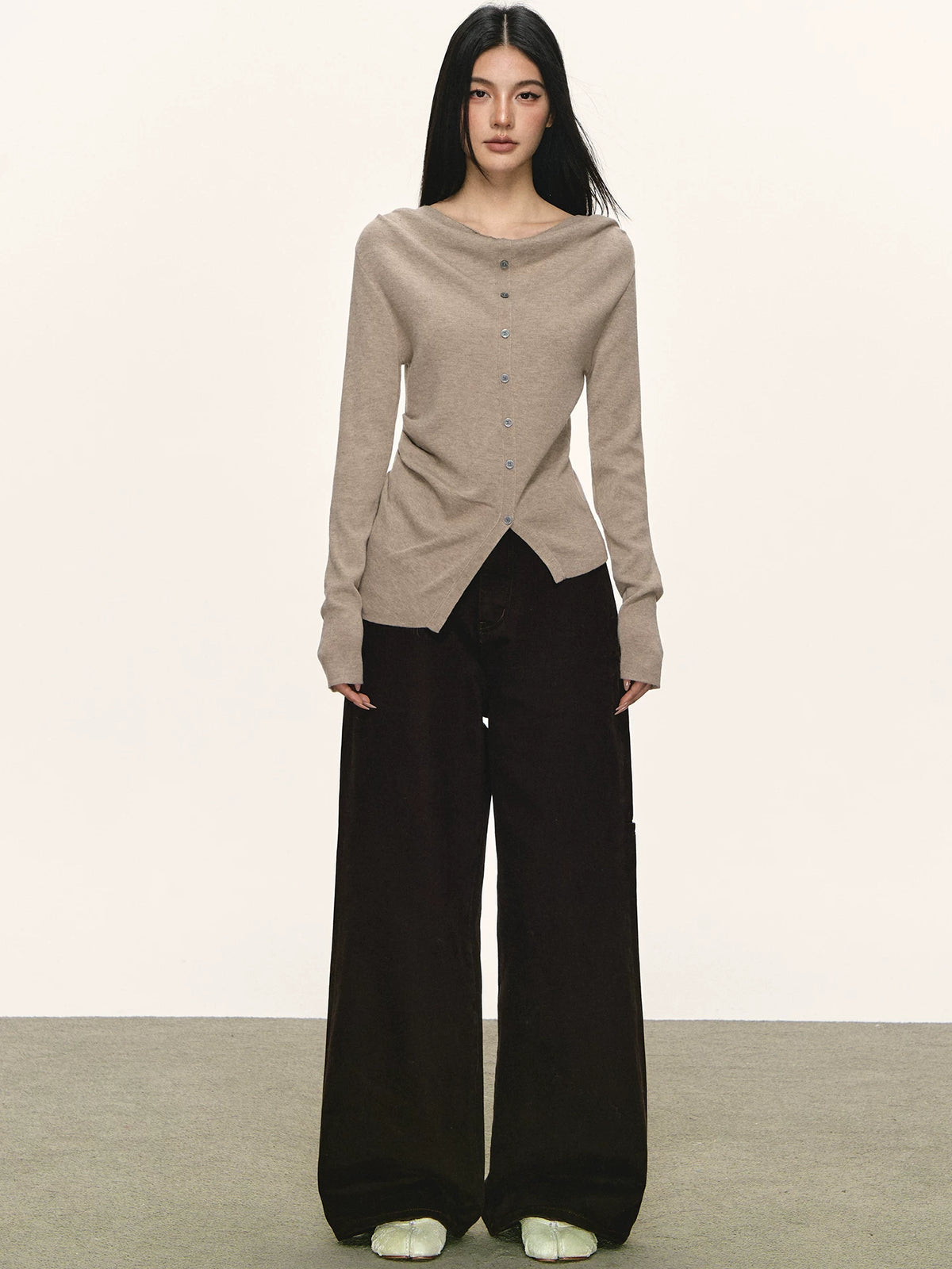 Women's Wool Slim-waist Slim-fit Open-back Long Sleeve Asymmetric Cowl-neck Top Fashion Blouse Shirt for Office Outfits Business Casual Slimming