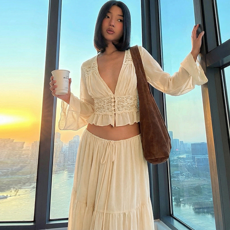 Women's Lace Chiffon Maxi Oversized French-Inspired Cardigan for Office Outfits Everyday Work Date Night Fall Winter