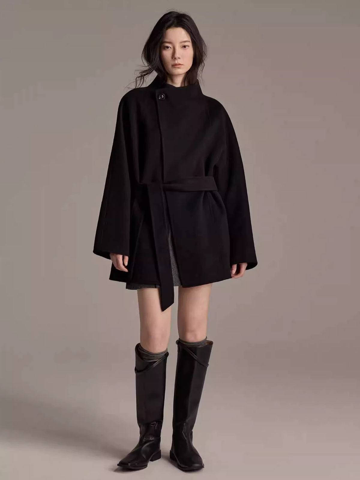 Women's Wool Fall Winter Black Mandarin Collar Petite Cropped Coat Wrap for Cold Weather Travel Office Holiday Date Night