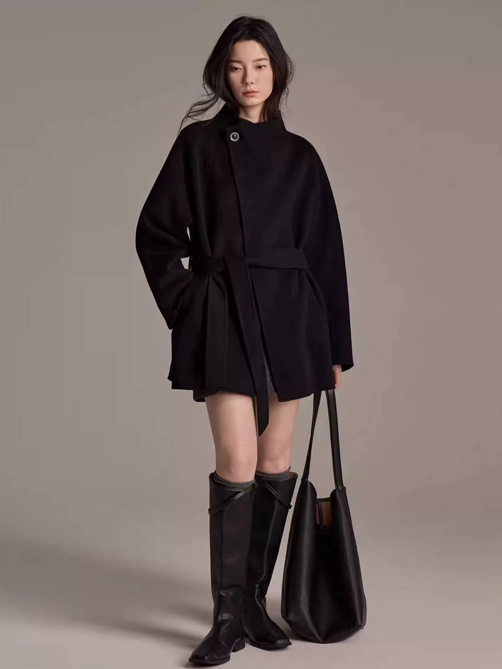 Women's Wool Fall Winter Black Mandarin Collar Petite Cropped Coat Wrap for Cold Weather Travel Office Holiday Date Night