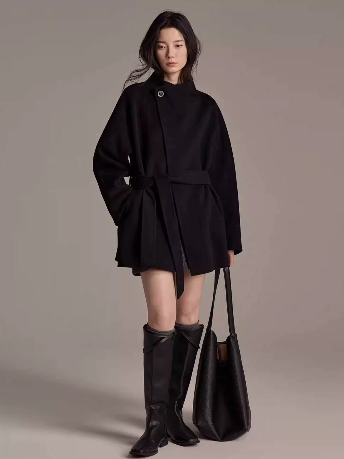 Women's Wool Fall Winter Black Mandarin Collar Petite Cropped Coat Wrap for Cold Weather Travel Office Holiday Date Night