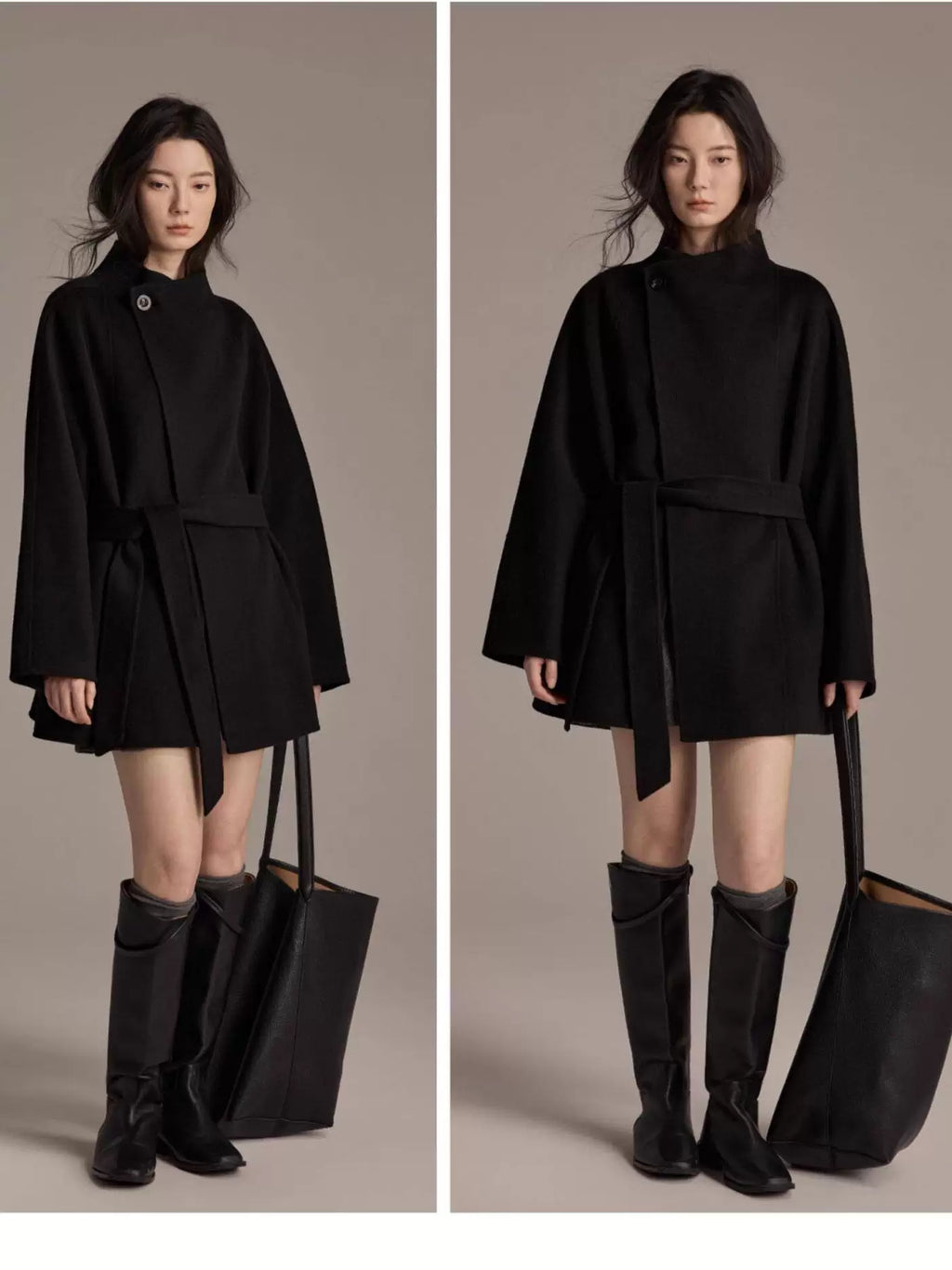 Women's Wool Fall Winter Black Mandarin Collar Petite Cropped Coat Wrap for Cold Weather Travel Office Holiday Date Night