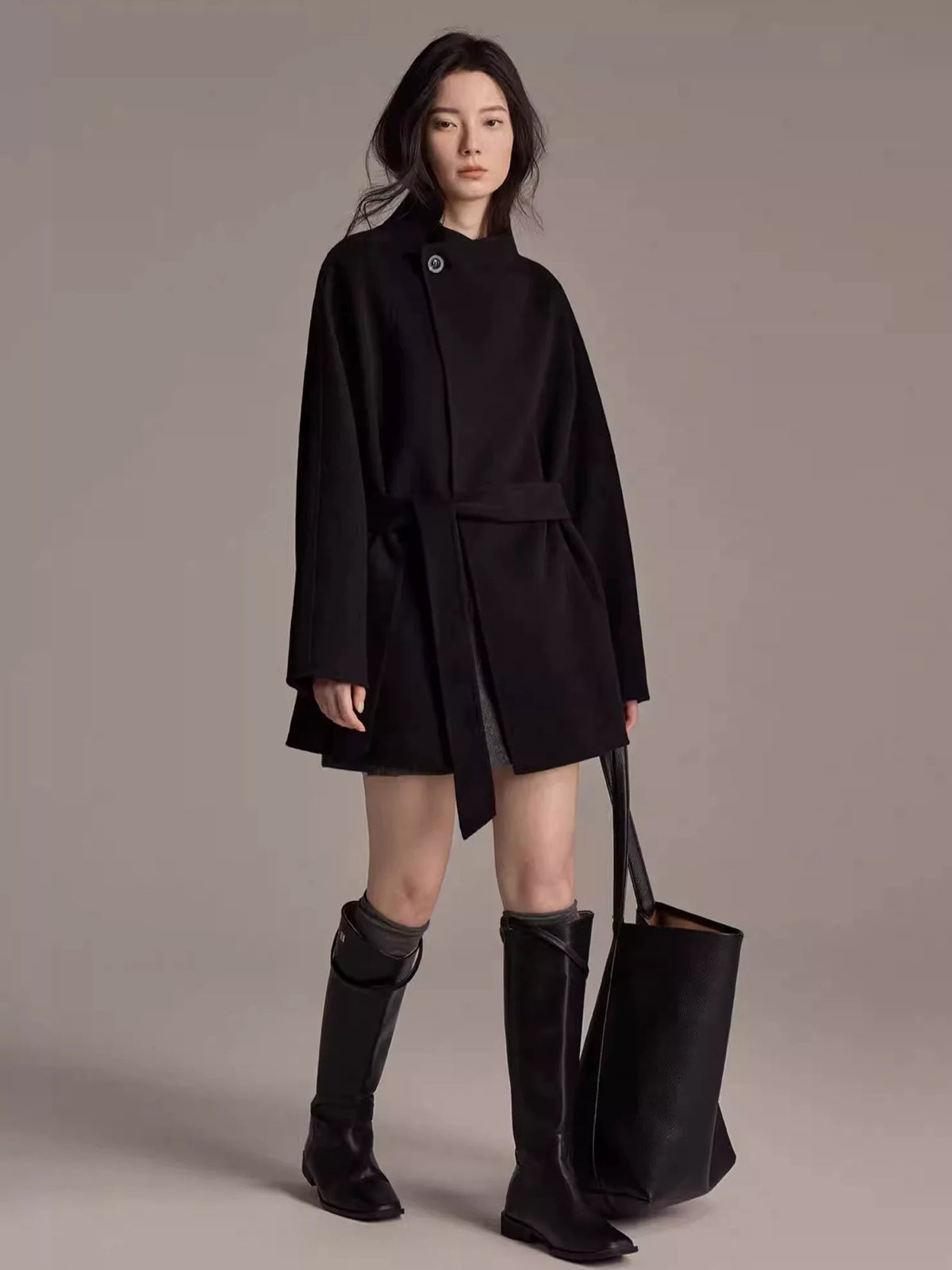 Women's Wool Fall Winter Black Mandarin Collar Petite Cropped Coat Wrap for Cold Weather Travel Office Holiday Date Night