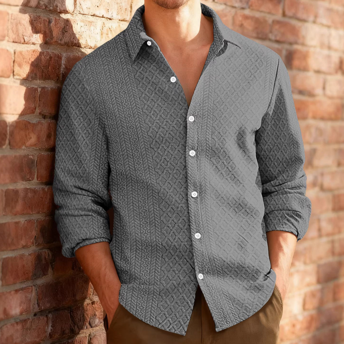 Men's Knit Lapel Long Sleeve Casual Shirt Button Office Weekend Everyday Blouse Wear