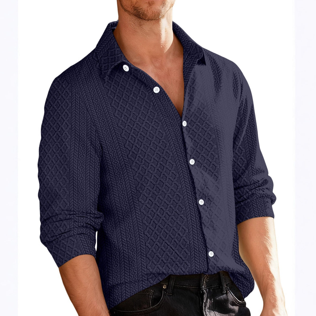 Men's Knit Lapel Long Sleeve Casual Shirt Button Office Weekend Everyday Blouse Wear