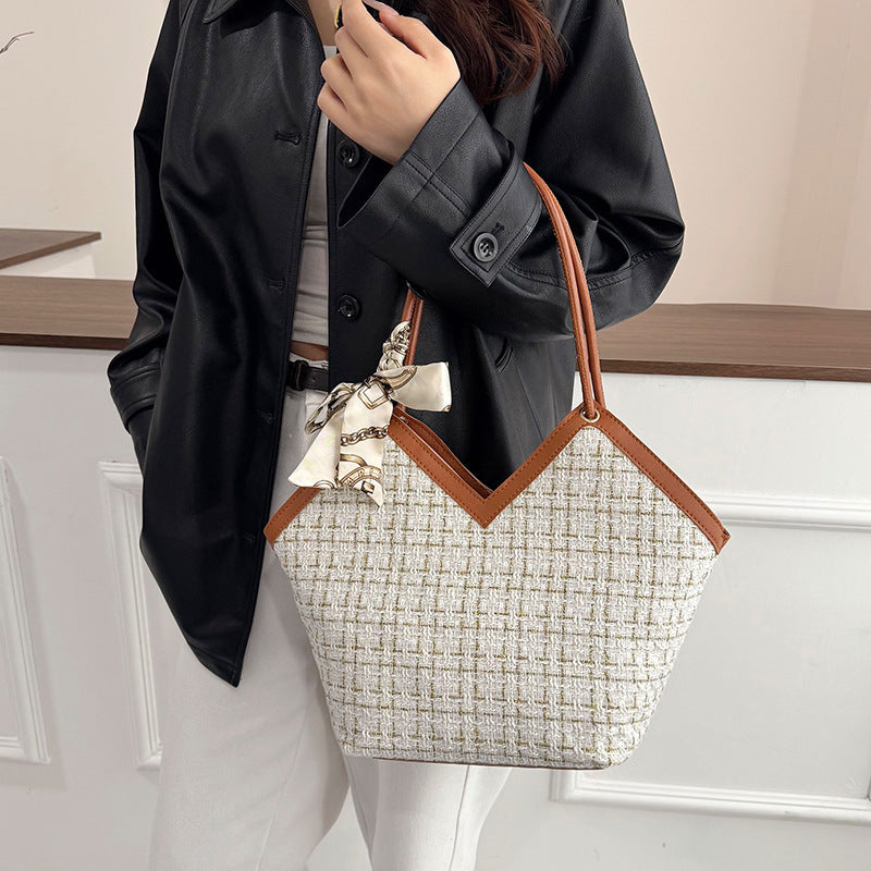 Women's Large-Capacity Commute Plaid Office Korean-Style Workwear Tote Bag Shoulder Crossbody Purse Work and Travel School