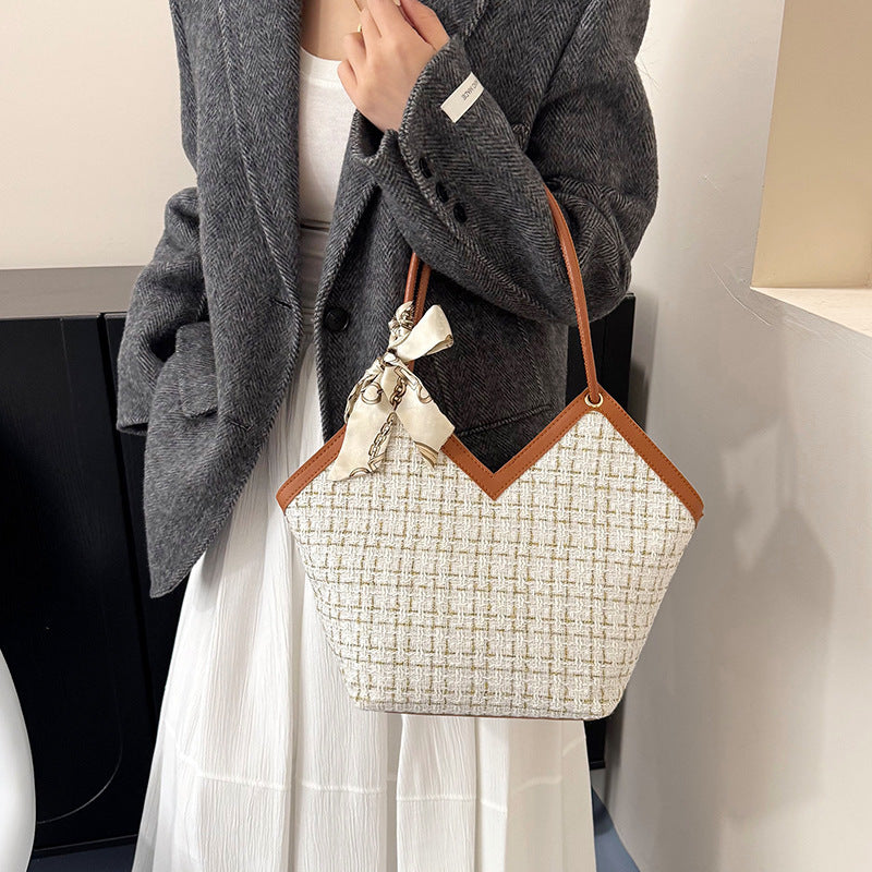 Women's Large-Capacity Commute Plaid Office Korean-Style Workwear Tote Bag Shoulder Crossbody Purse Work and Travel School
