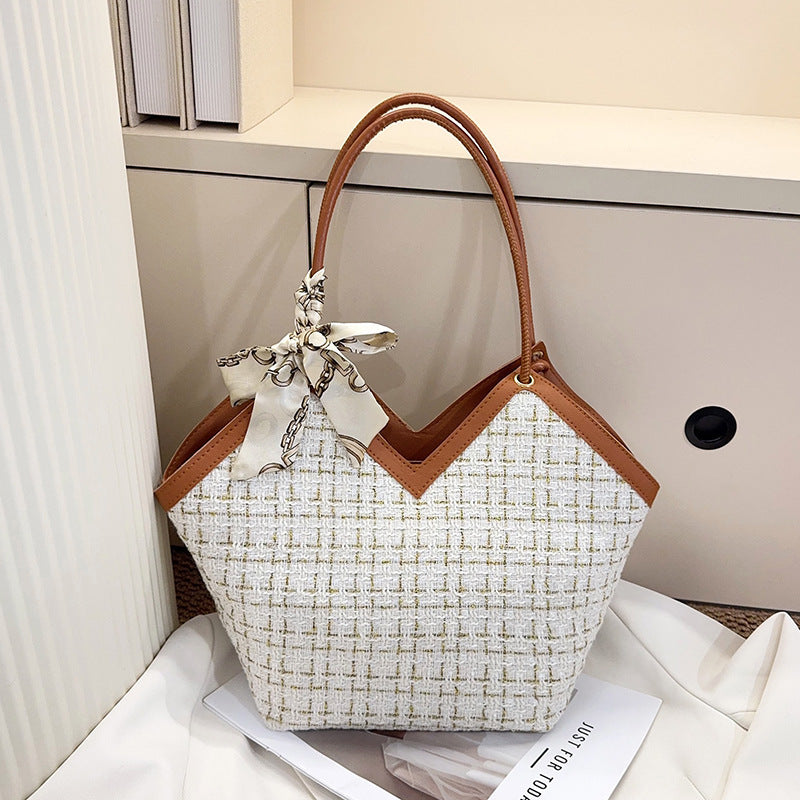 Women's Large-Capacity Commute Plaid Office Korean-Style Workwear Tote Bag Shoulder Crossbody Purse Work and Travel School