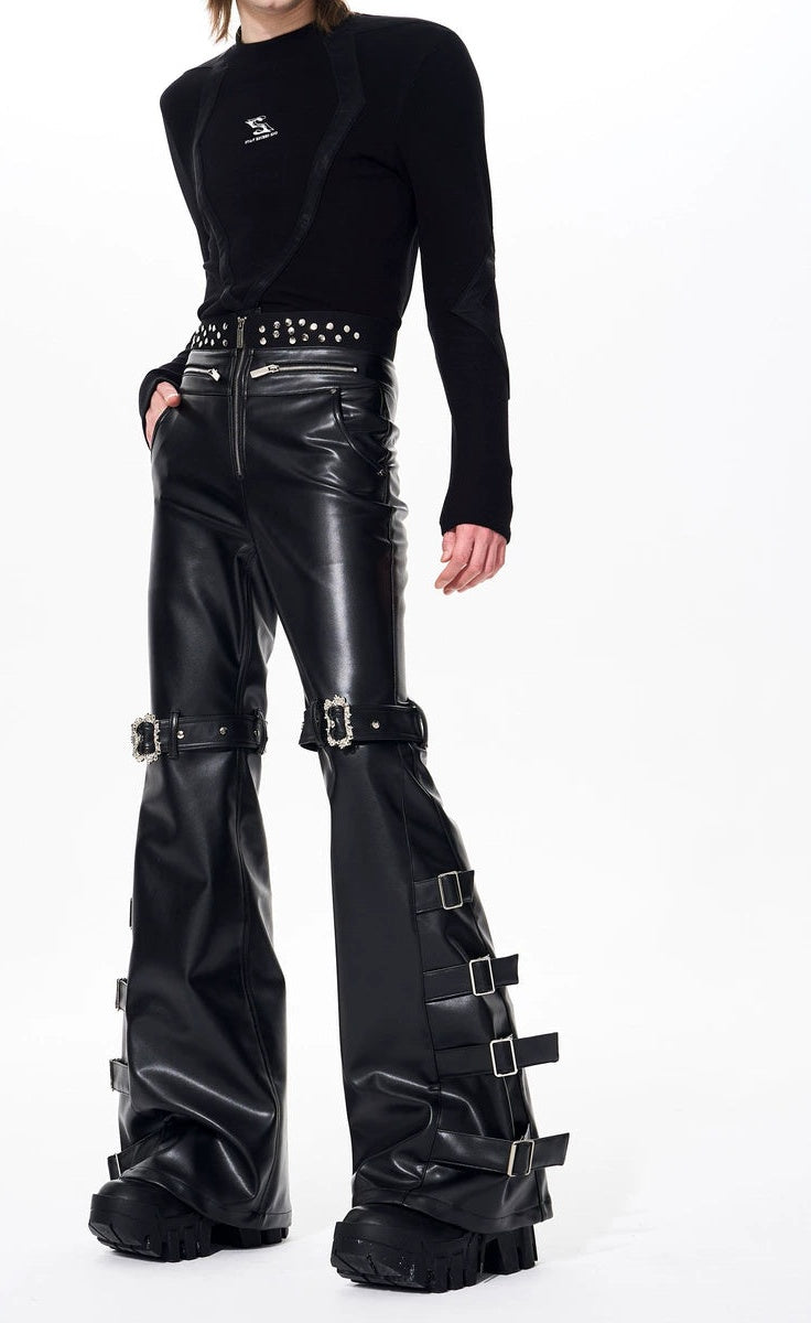 Men's Studded Fall Winter Metal Leather-Look Pants Wide-Leg for Office Outfits Business Casual Work Travel Comfort Weekend