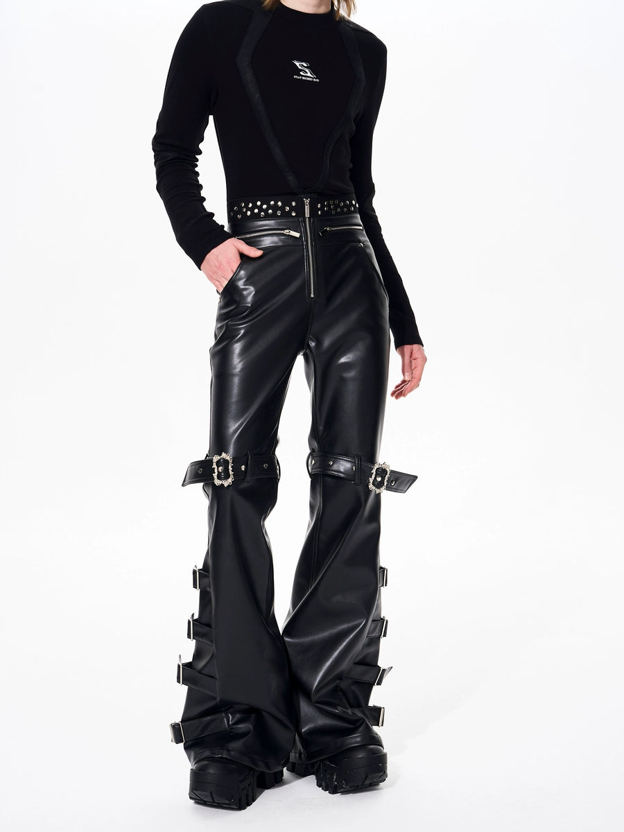 Men's Studded Fall Winter Metal Leather-Look Pants Wide-Leg for Office Outfits Business Casual Work Travel Comfort Weekend