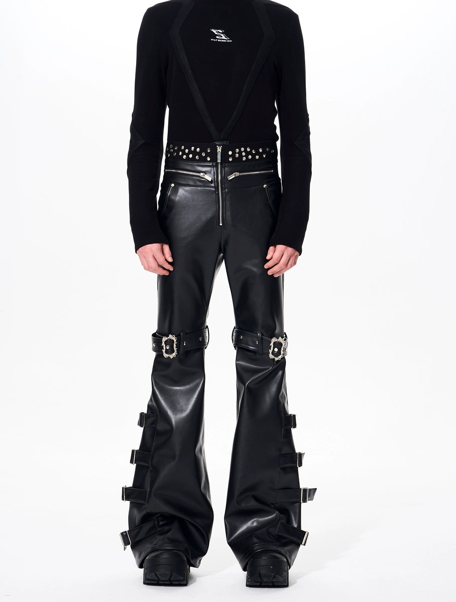 Men's Studded Fall Winter Metal Leather-Look Pants Wide-Leg for Office Outfits Business Casual Work Travel Comfort Weekend