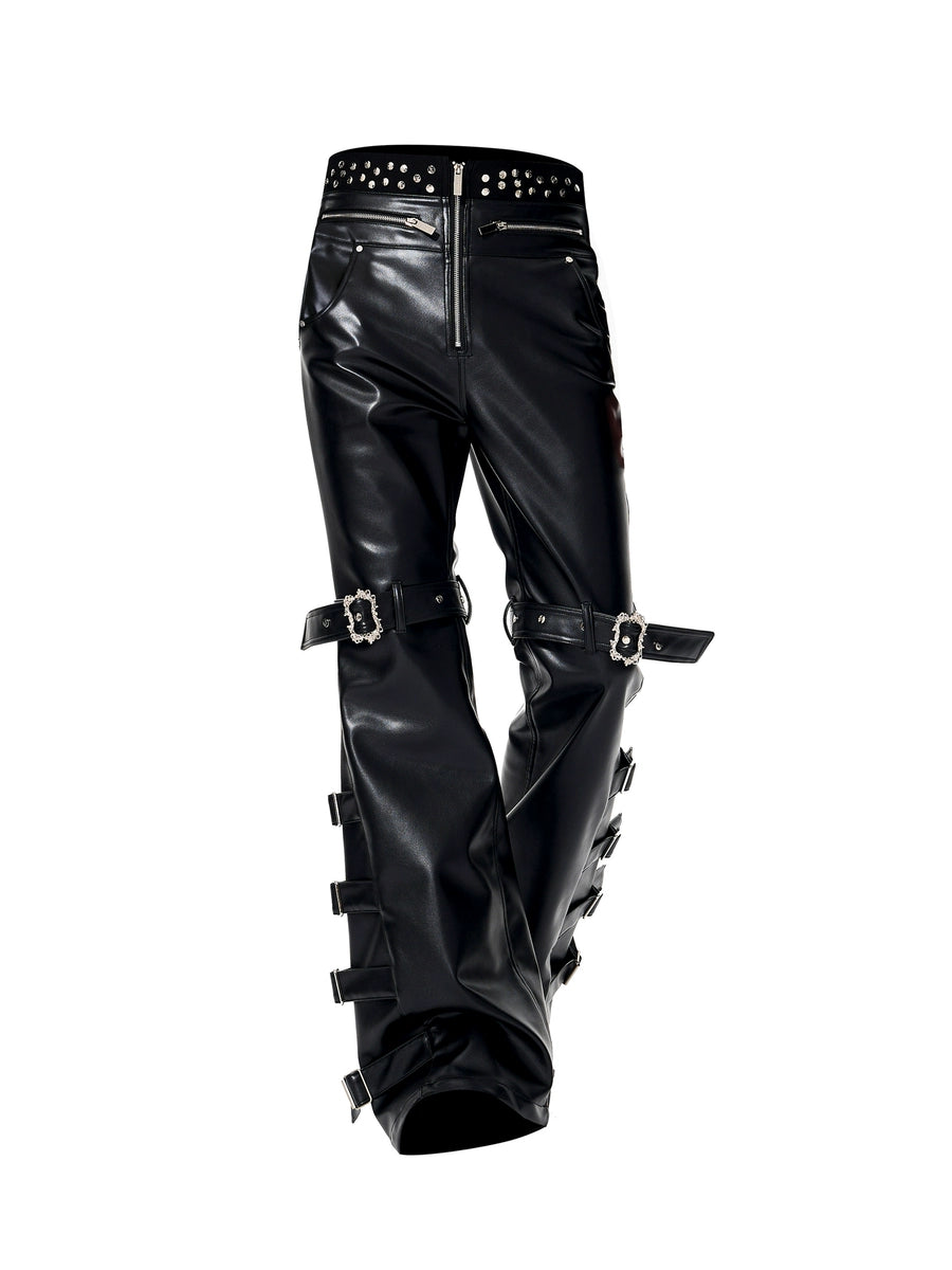 Men's Studded Fall Winter Metal Leather-Look Pants Wide-Leg for Office Outfits Business Casual Work Travel Comfort Weekend