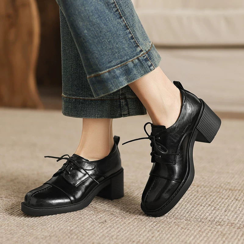 Women's Black Office Non-Slip Chunky Sole Round Toe Block Heel High Heel Lace-Up British-Style Workwear Oxford Heels Pumps Wedding Guest Cocktail Party