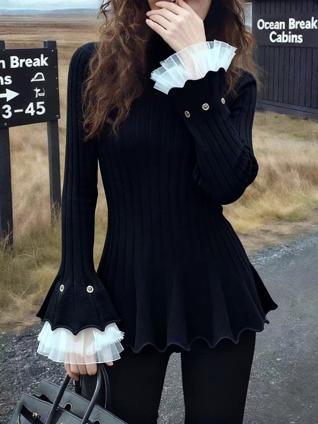 Women's Turtleneck Winter Flare Sleeve Slim-waist Black Slim-fit Top Fashion Blouse Shirt for Office Outfits Business Casual Streetwear Slimming