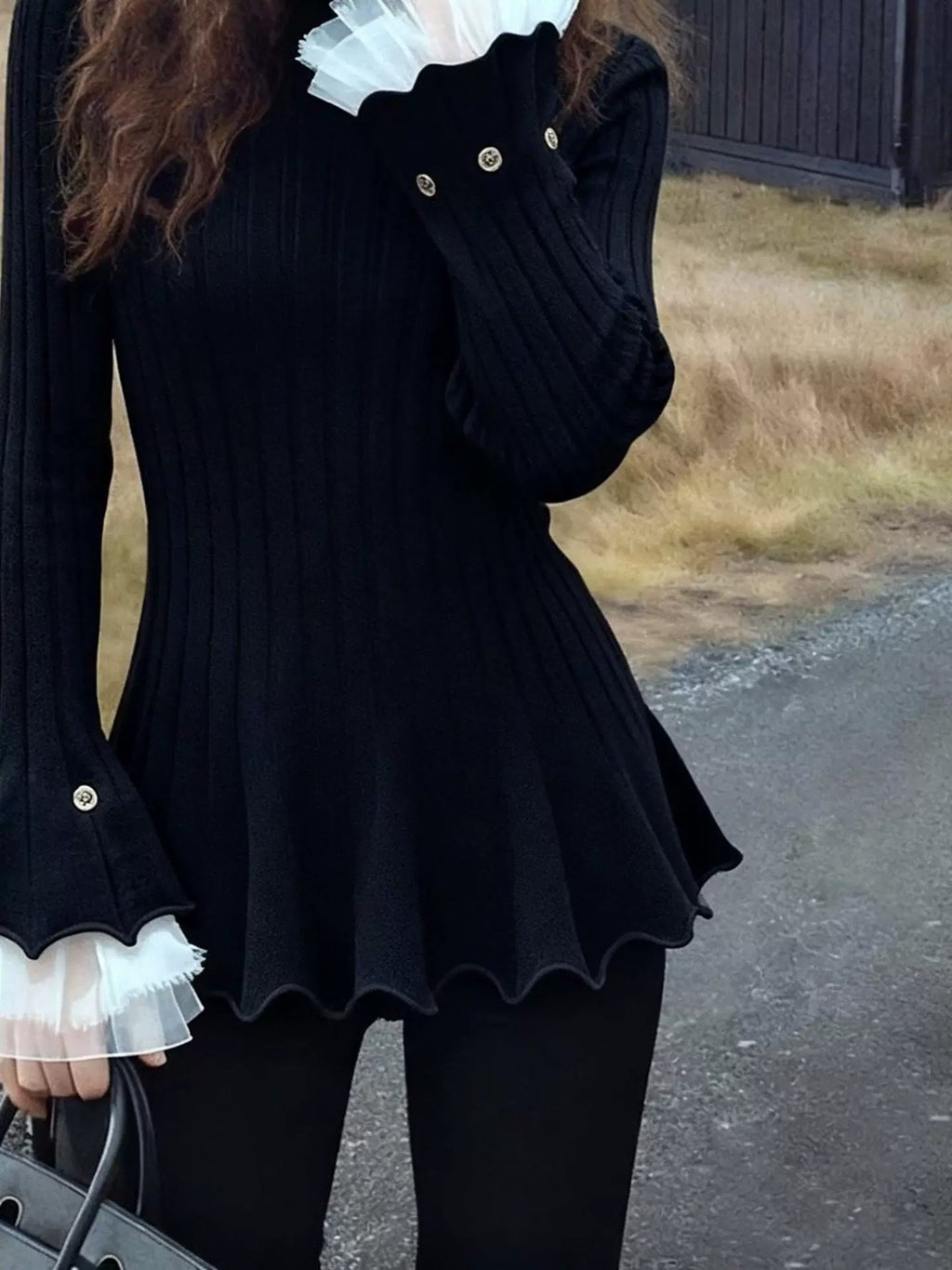 Women's Turtleneck Winter Flare Sleeve Slim-waist Black Slim-fit Top Fashion Blouse Shirt for Office Outfits Business Casual Streetwear Slimming