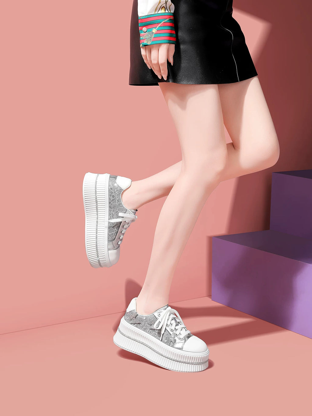 Chunky Sole Crystal White Sneakers for Women